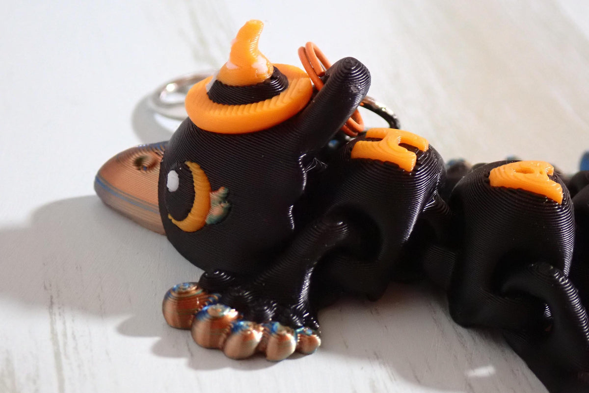 Bewegliche Halloween Krähe 3D Druck I Flexi Rabe mit Hexenhut Fidget Toy I Spooky Deko & Anti-Stress Sielzeug I Articulated Crow