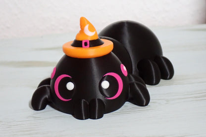 Süße XL Flexi Spinne mit Hexenhut, 3D Druck Halloween Deko, Bewegliches Fidget Toy, Gruselige Tischdeko, Halloween Geschenk
