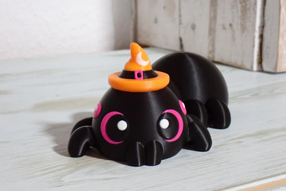 Süße XL Flexi Spinne mit Hexenhut, 3D Druck Halloween Deko, Bewegliches Fidget Toy, Gruselige Tischdeko, Halloween Geschenk