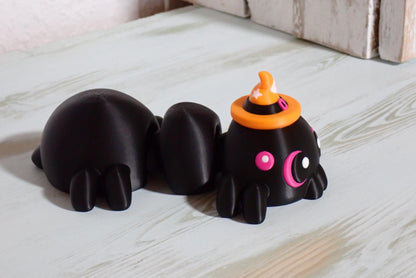 Süße XL Flexi Spinne mit Hexenhut, 3D Druck Halloween Deko, Bewegliches Fidget Toy, Gruselige Tischdeko, Halloween Geschenk